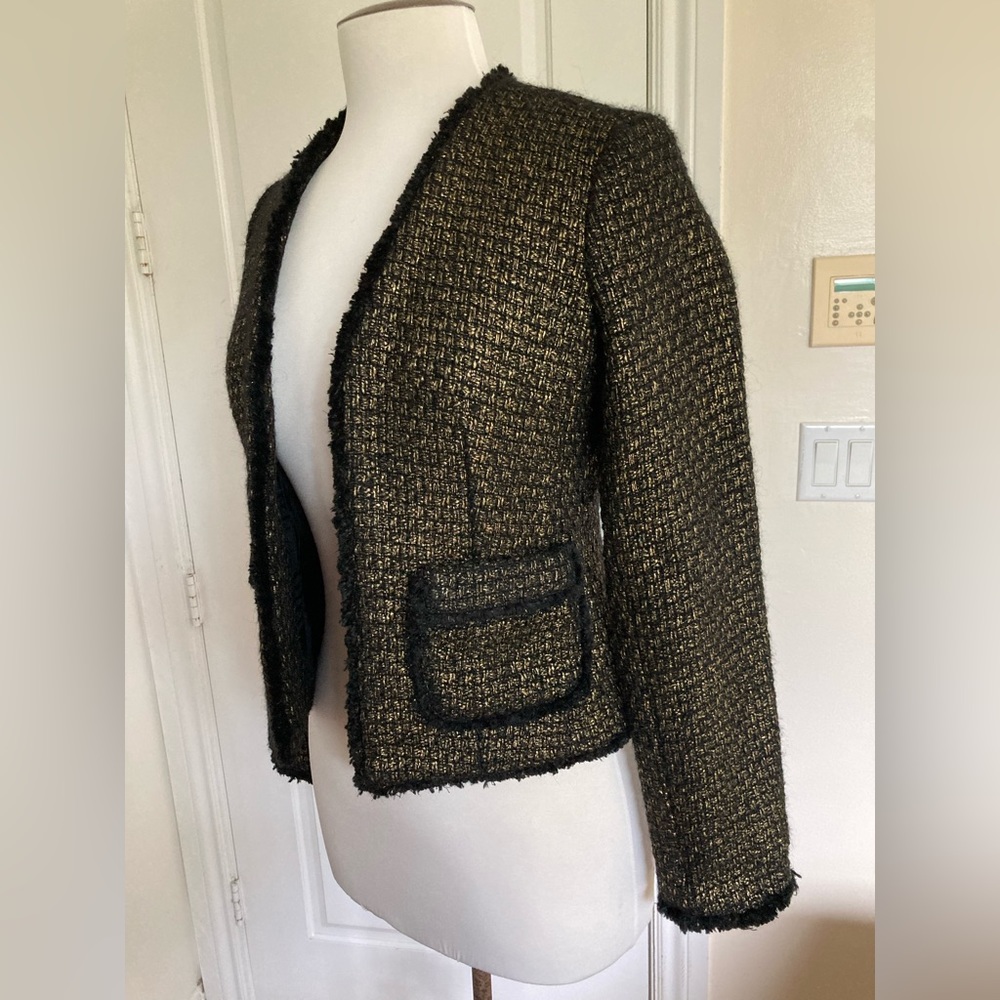 Michael Kors Wool Boucle Tweed Blazer Gold Metallic Fringe Modern Jacket Coat